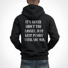 Load image into Gallery viewer, BLACK “KEEP PUSHIN’” ZIP HOODIE